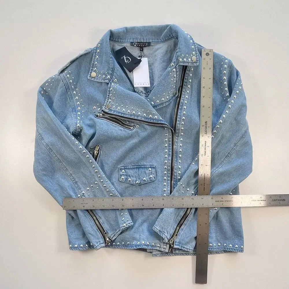 Cezele Studded Womens Denim Moto Jacket Large w/Tags Blue Western NWT - Picture 8 of 10